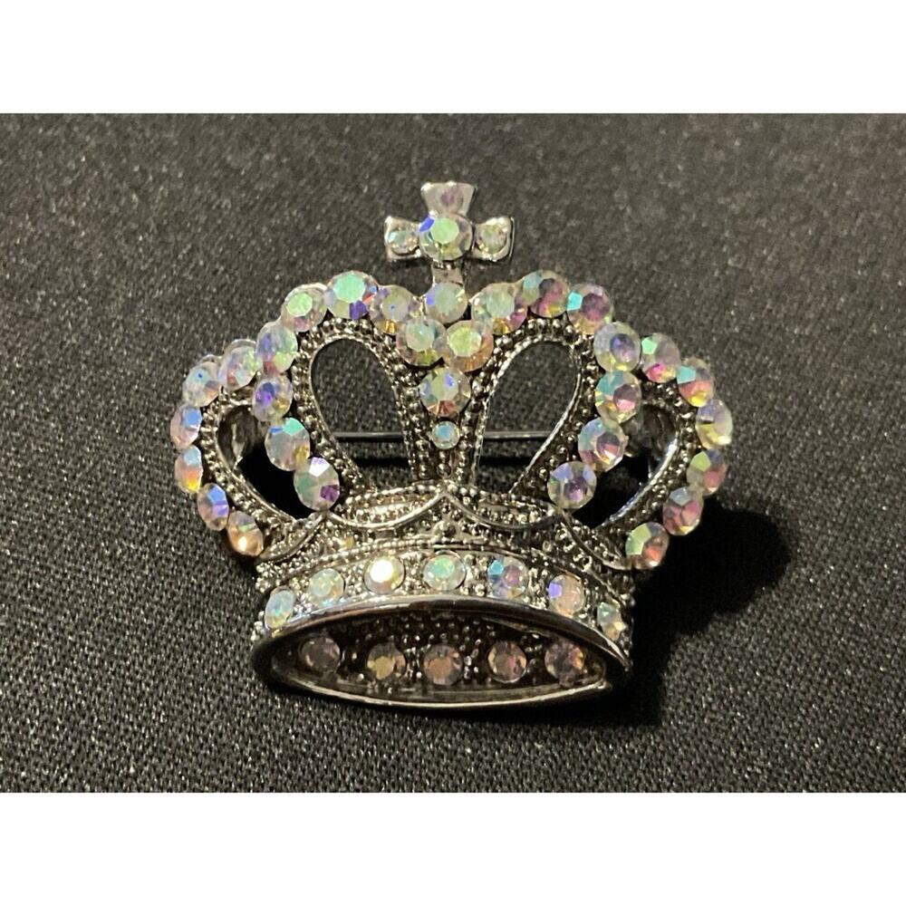 A/B Crystal Crown W/ Cross On Top Silver Tone Brooch